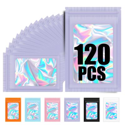 120PCS Smell Proof Mylar Bags,6.3"x9.5" Resealable Bag for Small Business,Holographic Packaging Bags with Clear Window,Foil Pouch Sample Snack Candy Jewelry Bag for Party Favors(Purple)