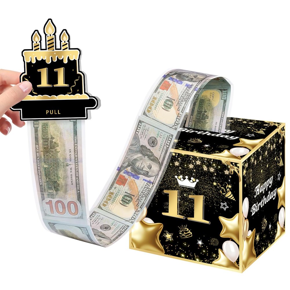 11th Birthday Money Box for Boys Girls, 11 Years Old Birthday Decorations, Fun Pull-Out Cash Gift Box for Parties, Ideal for 11th Birthday Surprises with 35PCS Bags