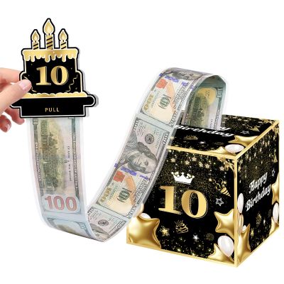 10th Birthday Money Box for Boys Girls, 10 Years Old Birthday Decorations, Fun Pull-Out Cash Gift Box for Parties, Ideal for 10th Birthday Surprises with 35PCS Bags