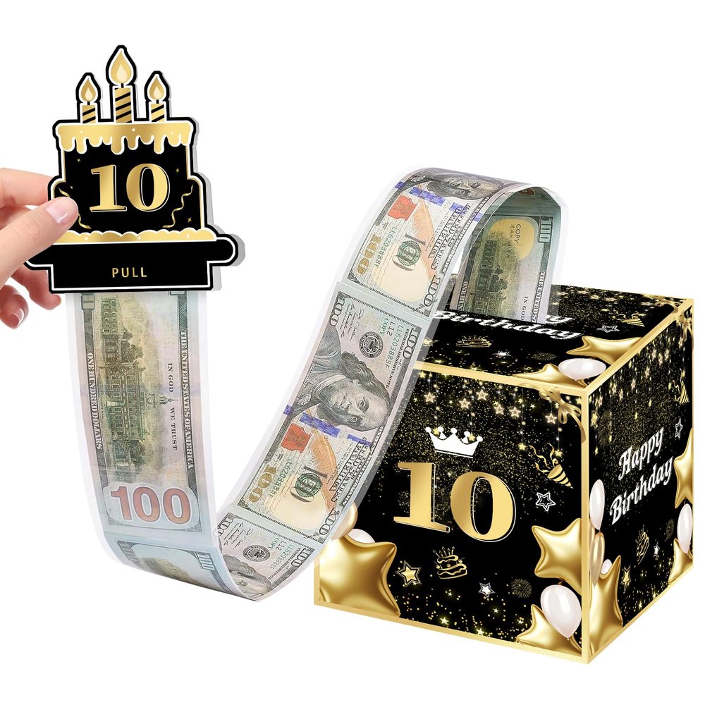 10th Birthday Money Box for Boys Girls, 10 Years Old Birthday Decorations, Fun Pull-Out Cash Gift Box for Parties, Ideal for 10th Birthday Surprises with 35PCS Bags