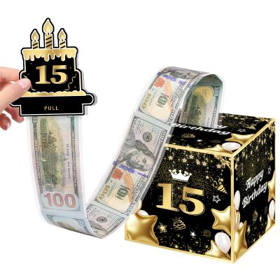 15th Birthday Money Box for Boys Girls, 15 Years Old Birthday Decorations, Fun Pull-Out Cash Gift Box for Parties, Ideal for 15th Birthday Surprises with 35PCS Bags