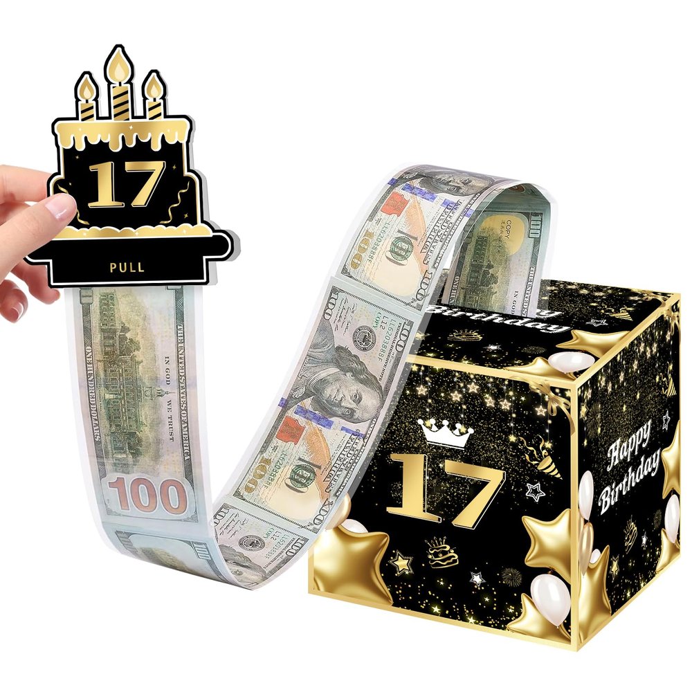 17th Birthday Money Box for Boys Girls, 17 Years Old Birthday Decorations, Fun Pull-Out Cash Gift Box for Parties, Ideal for 17th Birthday Surprises with 35PCS Bags