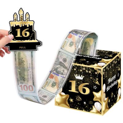 16th Birthday Money Box for Boys Girls, 16 Years Old Birthday Decorations, Fun Pull-Out Cash Gift Box for Parties, Ideal for 16th Birthday Surprises with 35PCS Bags