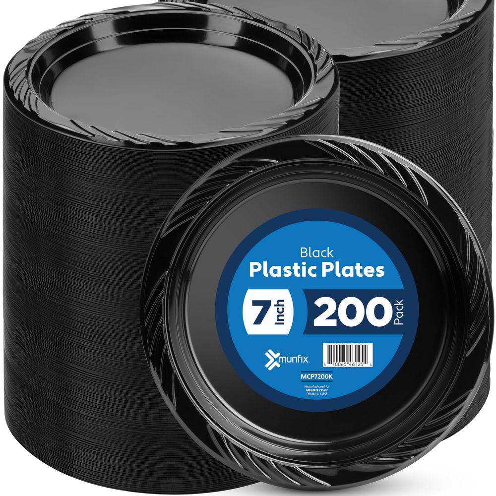 Munfix 200 Black Plastic Plates Set - 7 Inch Disposable Dessert/Salad Plates, Bulk Pack for Party, BBQ, Picnic, Parties, Travel and Events, Microwavable Recyclable