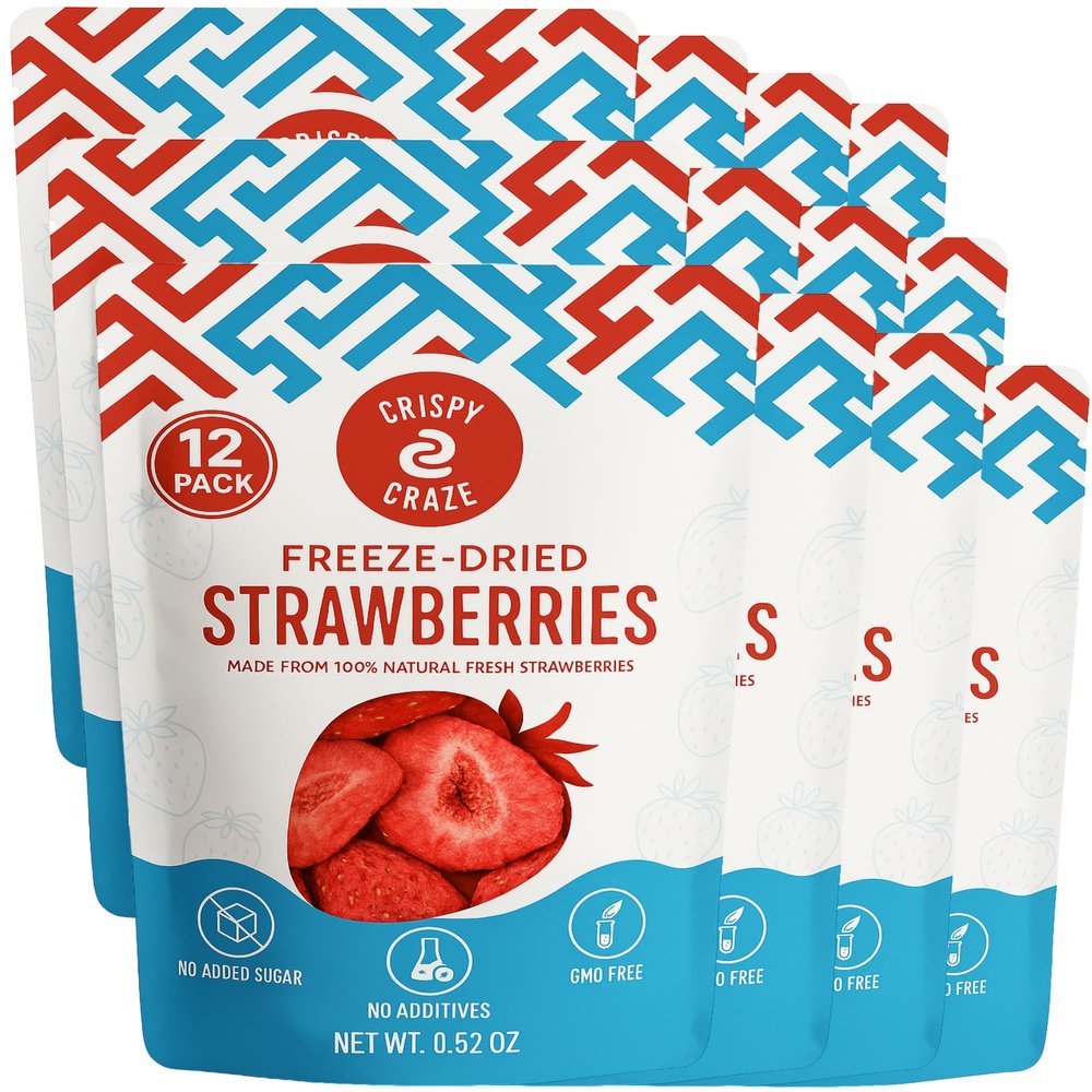 Crispy Craze Freeze Dried Strawberries (12 Snack Sized Bags, 0.5 oz Each), Sliced Strawberry Fruit Crisps, Non GMO, Healthy Snack, No Added Sugar & Additives, 100% Natural, Allergen Free, School Safe