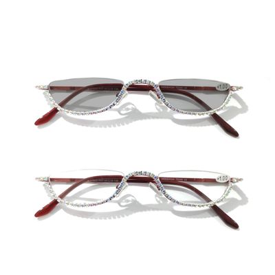 Melrose Photochromic Rhinestone Reading Glasses Half Moon Oval Reading Glasses Comfortable Red Frame (RED, 0, x)