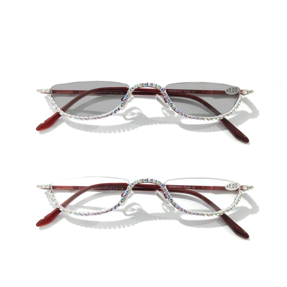 Melrose Photochromic Rhinestone Reading Glasses Half Moon Oval Reading Glasses Comfortable Red Frame (RED, 0, x)