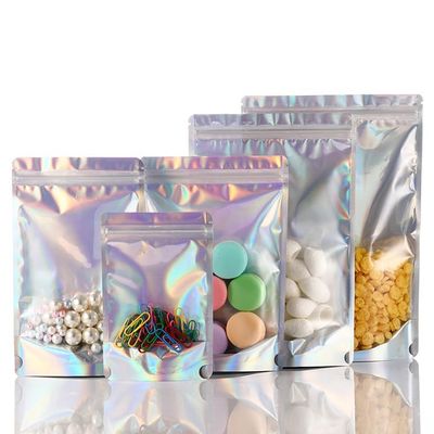 150 Pcs Mylar Bags for Food Storage, 5x8 Mylar Bag with Window Stand Up, Small Holographic Resealable Bags Smell Proof Bag Food Packaging for Small Business Freeze Dried Candy Jewelry Foil Packaging