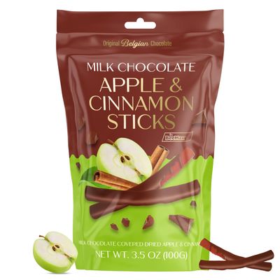BeeMax Milk Chocolate-Covered Dried Apple & Cinnamon Sticks, 3.5oz Resealable Pouch (Pack of 1) - Non-GMO, Premium Belgian Chocolate Covered Fruit Stick - Great for Snacking, Gifting, & Dessert Treats