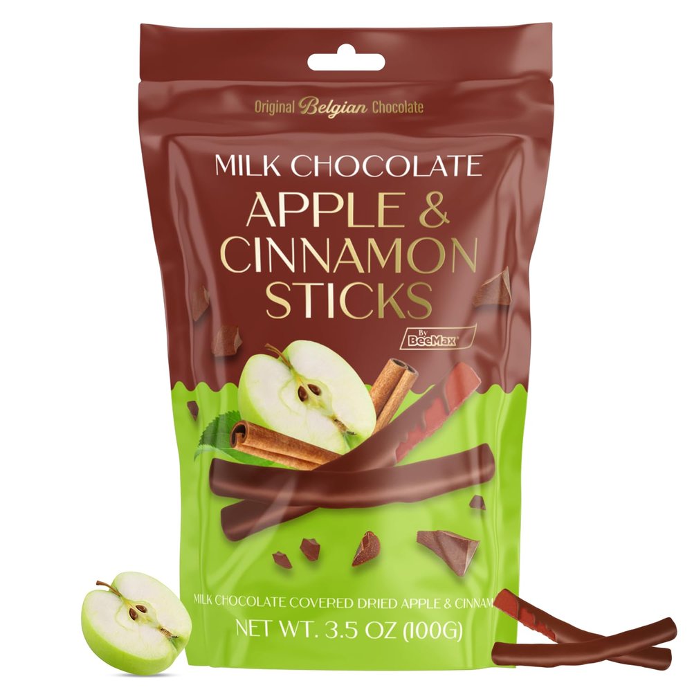 BeeMax Milk Chocolate-Covered Dried Apple & Cinnamon Sticks, 3.5oz Resealable Pouch (Pack of 1) - Non-GMO, Premium Belgian Chocolate Covered Fruit Stick - Great for Snacking, Gifting, & Dessert Treats