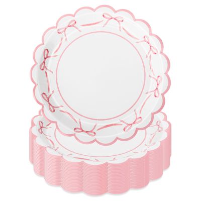 JarThenaAMCS 50Pcs Pink Bow Paper Plate Scalloped Bowknot Disposable Plate 9 inch Decorative Dinner Plates for Birthday Party Table Decor