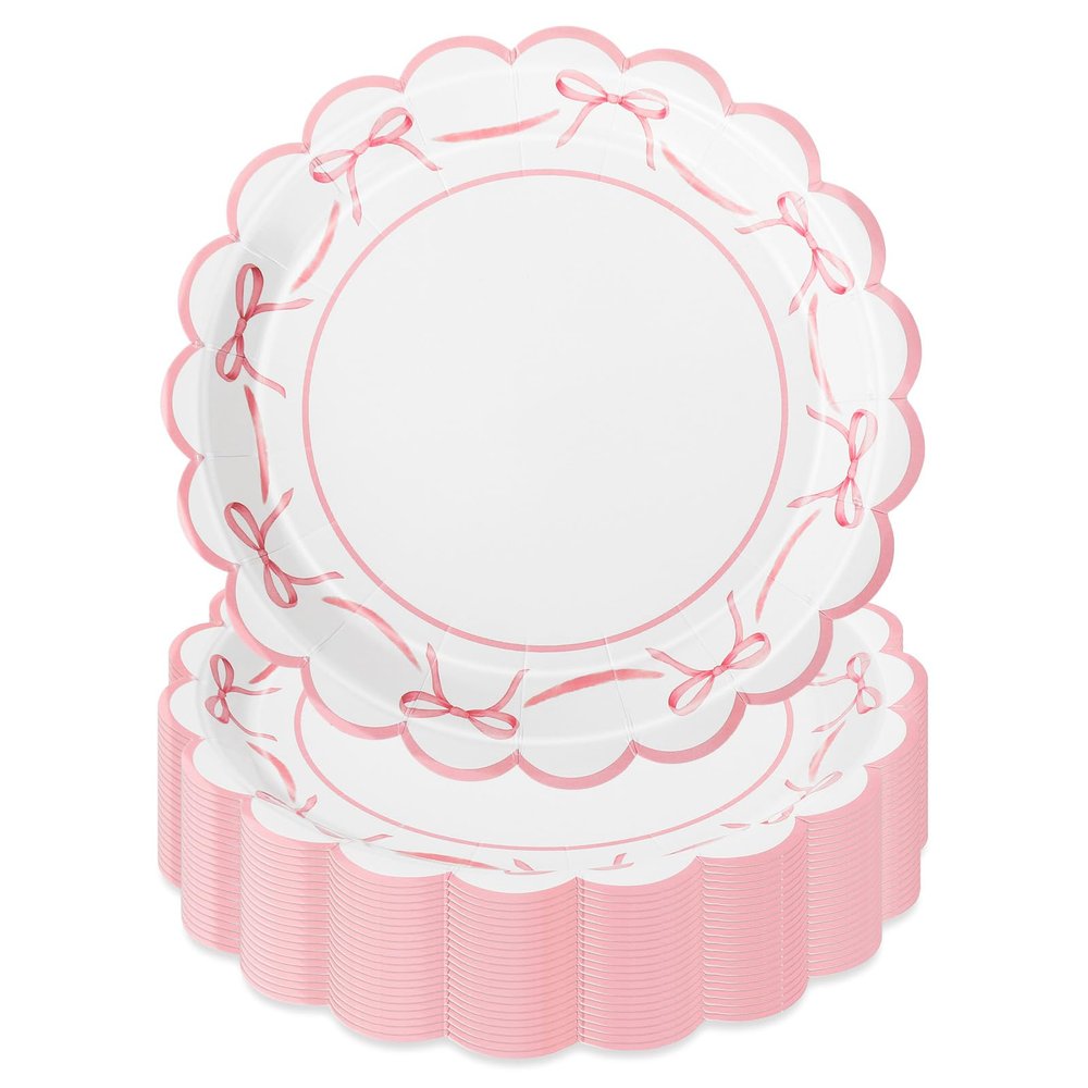 JarThenaAMCS 50Pcs Pink Bow Paper Plate Scalloped Bowknot Disposable Plate 9 inch Decorative Dinner Plates for Birthday Party Table Decor