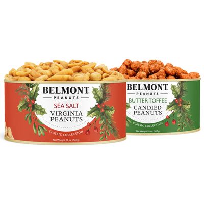 Belmont Peanuts Holiday Gift Bundle with Sea Salt and Butter Toffee Virginia Peanuts, 20 oz (2 Pack)  Hand Seasoned, No Preservatives, Absolutely Delicious  A Secret Santa Favorite