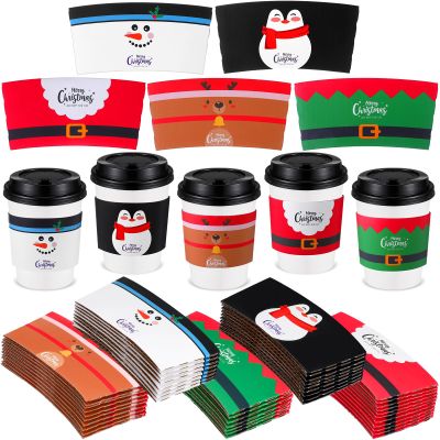 Remerry 125 Pack Winter Christmas Disposable Coffee Cup Paper Sleeves Xmas Santa Holiday Tea Hot Chocolate Cocoa Sleeves for 12oz 16oz Cups (Belt)