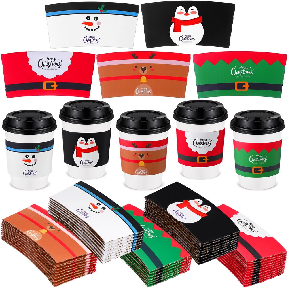 Remerry 125 Pack Winter Christmas Disposable Coffee Cup Paper Sleeves Xmas Santa Holiday Tea Hot Chocolate Cocoa Sleeves for 12oz 16oz Cups (Belt)
