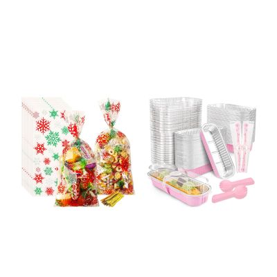 NPLUX Bundle of 100 Pack Cellophane Treat Bags and 100 Pack Mini Cake Pans for Christmas and Winter Holiday Party