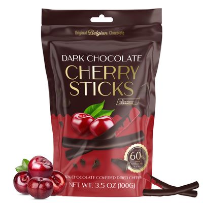 BeeMax Dark Chocolate Covered Dried Cherry Sticks - 3.5 oz Resealable Pouch (Pack of 1) - Non-GMO, Premium Belgian dark chocolate Covered Fruit Sticks - Great for Snacking, Gifting & Dessert Treats