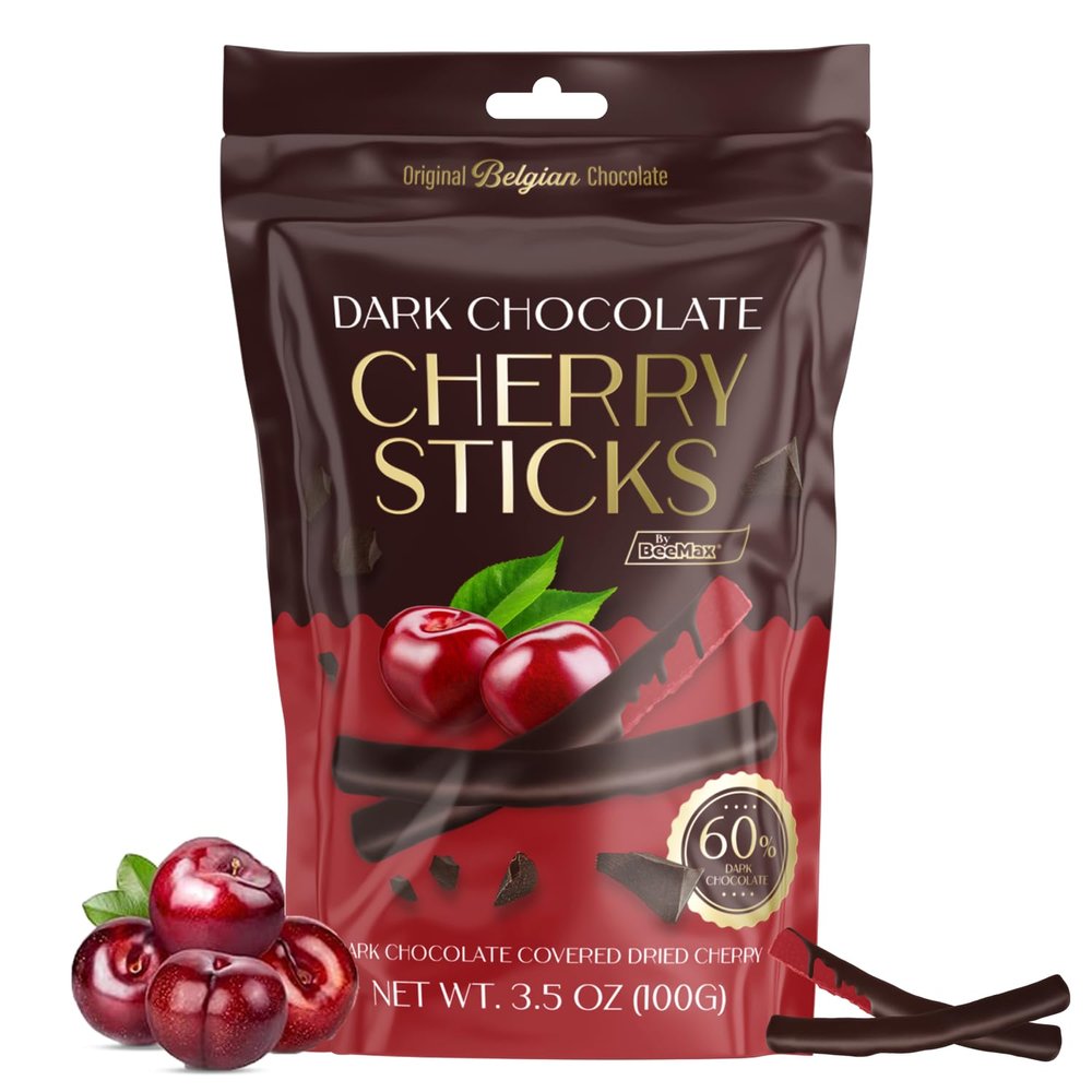 BeeMax Dark Chocolate Covered Dried Cherry Sticks - 3.5 oz Resealable Pouch (Pack of 1) - Non-GMO, Premium Belgian dark chocolate Covered Fruit Sticks - Great for Snacking, Gifting & Dessert Treats