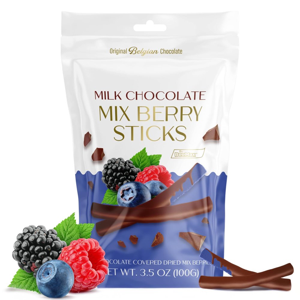 BeeMax Milk Chocolate Covered Dried Mix Berry Sticks - 3.5 oz Resealable Pouch (Pack of 1) - Non-GMO, Premium Belgian Chocolate Covered Fruit Sticks - Great for Snacking, Gifting & Dessert Treats