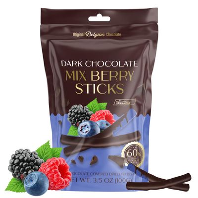 BeeMax Dark Chocolate Covered Dried Mix Berry Sticks - 3.5 oz Resealable Pouch (Pack of 1) - Non-GMO, Premium Belgian Dark Chocolate Covered Fruit Sticks - Great for Snacking, Gifting & Dessert Treats