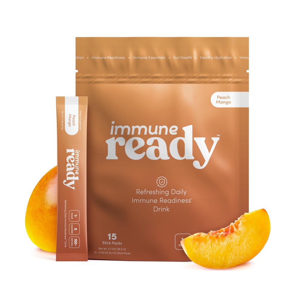 Immune Ready Electrolytes Powder Packets - Vitamin C Immune Support Drink Mix with Zinc, D3 & Beta Glucan - Low Sugar Hydration, Delicious Peach Mango Flavor