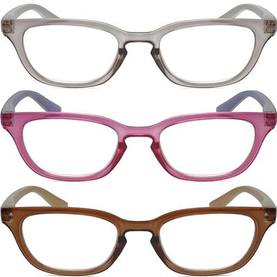 Calabria R860 3 PACK Cat Eye Reading Glasses +1.50 Crystal/Pink Crystal/Brown Women's Trendy Fashion Readers w/Zipper Case