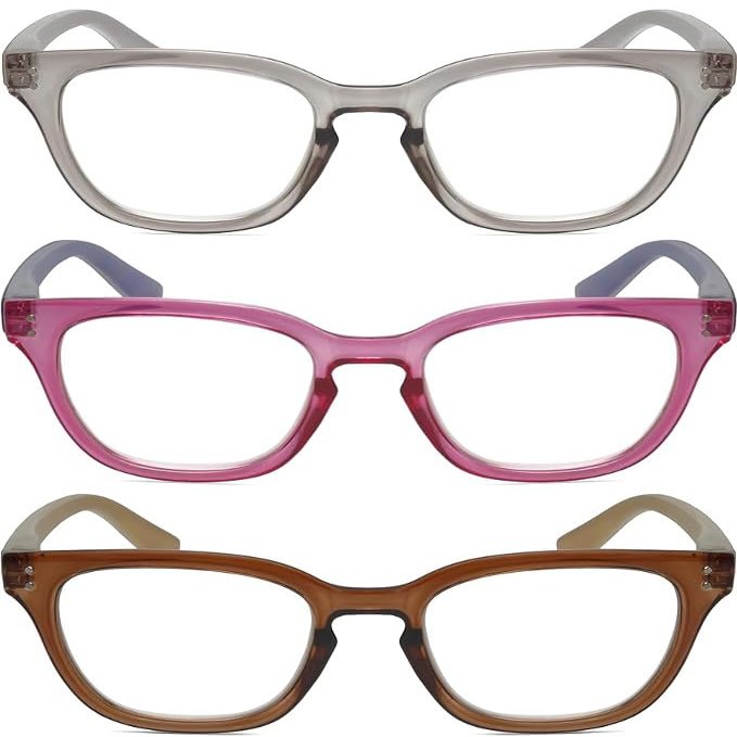 Calabria R860 3 PACK Cat Eye Reading Glasses +1.50 Crystal/Pink Crystal/Brown Women's Trendy Fashion Readers w/Zipper Case
