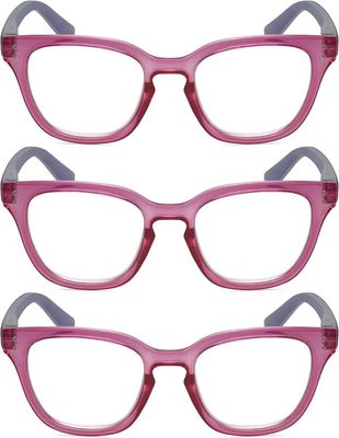 Calabria R860 3 PACK Cateye Reading Glasses 1.25 Pink Crystal Holographic Women Trendy Modern Fashion Readers w/Zipper Case