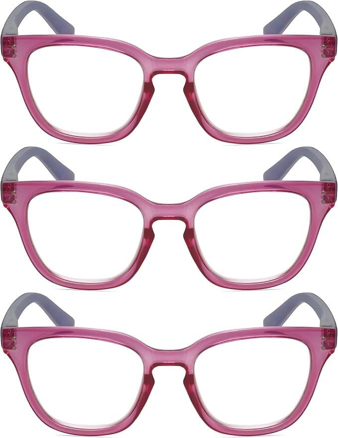 Calabria R860 3 PACK Cateye Reading Glasses 1.25 Pink Crystal Holographic Women Trendy Modern Fashion Readers w/Zipper Case