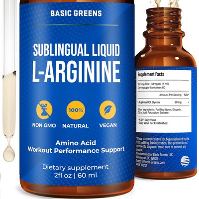 BASIC GREENS L-Arginine Liquid Nitric Oxide Supplement for Men and Women Non-GMO Vegan for Circulation, Endurance, Energy, Stamina, Performance and Workout 2 fl oz