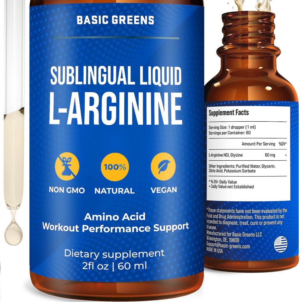 BASIC GREENS L-Arginine Liquid Nitric Oxide Supplement for Men and Women  Non-GMO Vegan for Circulation, Endurance, Energy, Stamina, Performance and Workout  2 fl oz