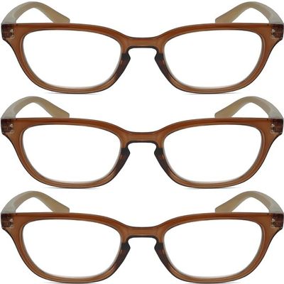 Calabria R860 3 PACK Cat Eye Reading Glasses +4.50 Brown Crystal Orange Plaid Women's Trendy Fashion Readers w/Zipper Case