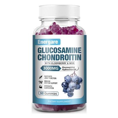 Energare 1 Pack 3000mg Glucosamine Chondroitin with MSM Gummies & Elderberry, Extra Strength Joint Support Health, Flexibility, Antioxidant, Immune Supplement Gummy for Adults, Men & Women 60 Counts