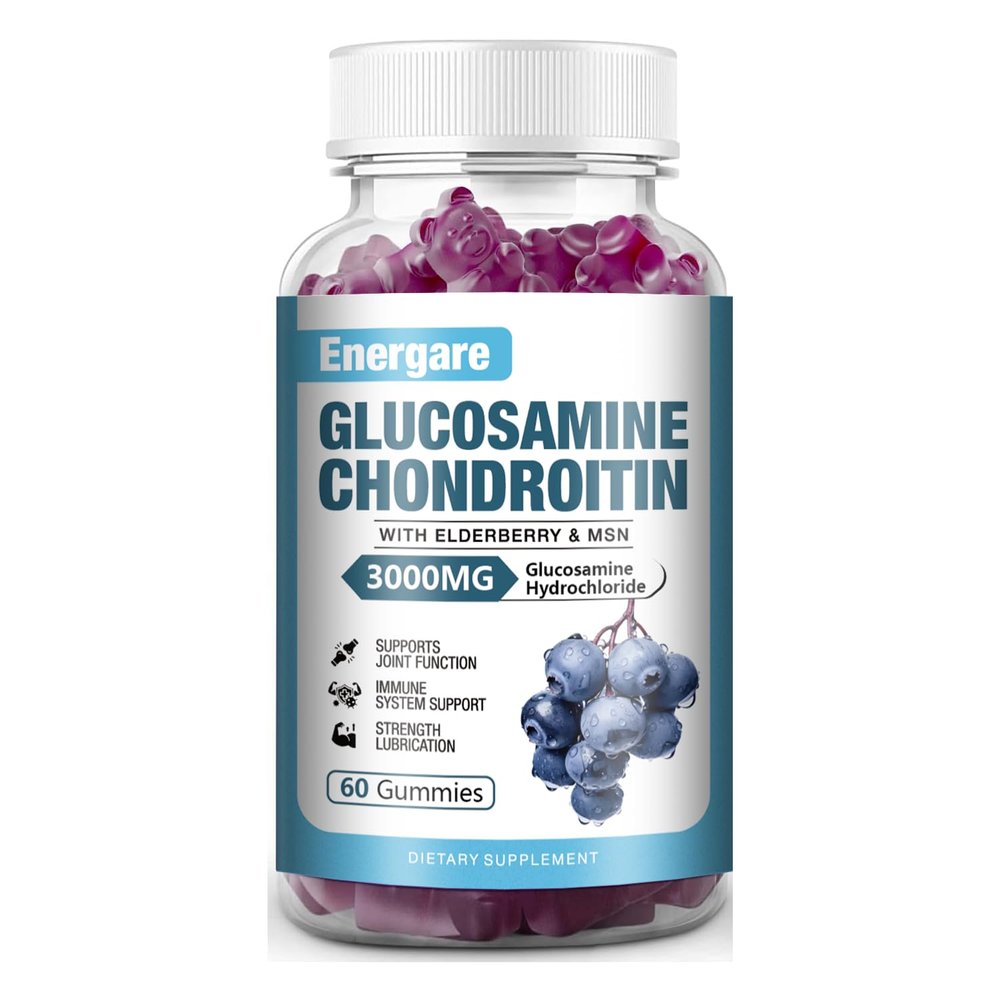 Energare 1 Pack 3000mg Glucosamine Chondroitin with MSM Gummies & Elderberry, Extra Strength Joint Support Health, Flexibility, Antioxidant, Immune Supplement Gummy for Adults, Men & Women 60 Counts