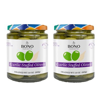 Bono Italian Gourmet Olives | Product of Italy | All Natural | No Artificial Colors or Dyes | Non-GMO Verified, (Pack of 2) (5.6 OZ, Garlic Stuffed)