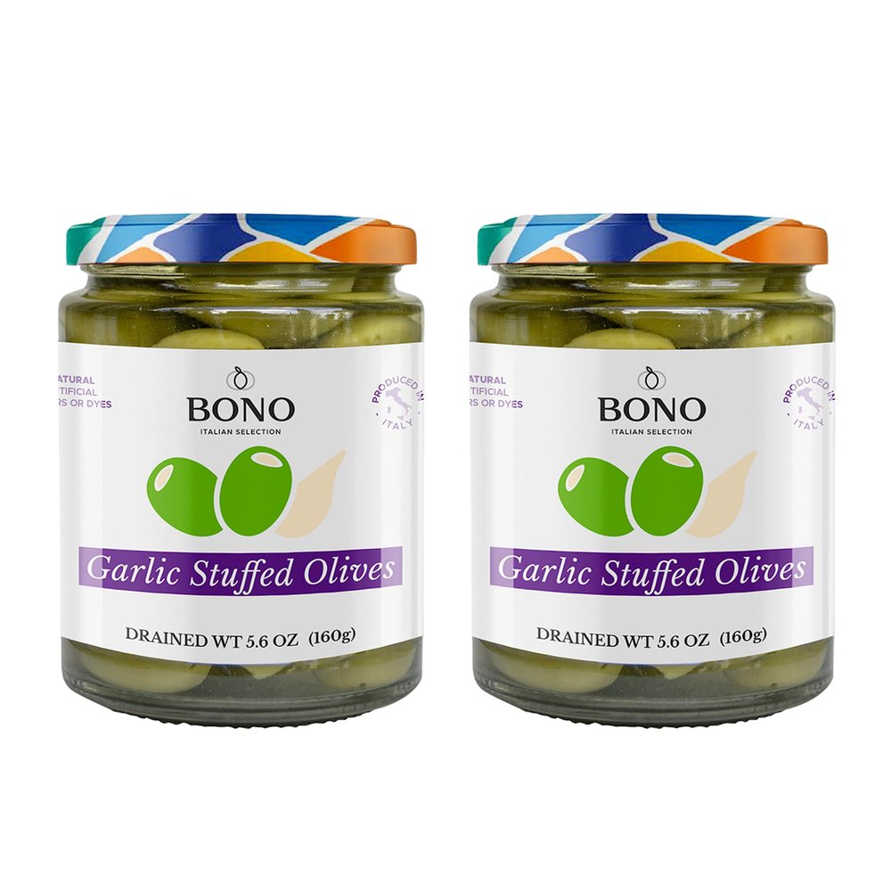 Bono Italian Gourmet Olives | Product of Italy | All Natural | No Artificial Colors or Dyes | Non-GMO Verified, (Pack of 2) (5.6 OZ, Garlic Stuffed)