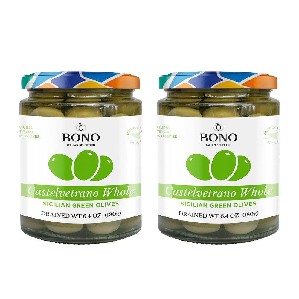 Bono Italian Gourmet Olives | Product of Italy | All Natural | No Artificial Colors or Dyes | Non-GMO Verified, (Pack of 2) (6.4 OZ, Castelvetrano Whole)