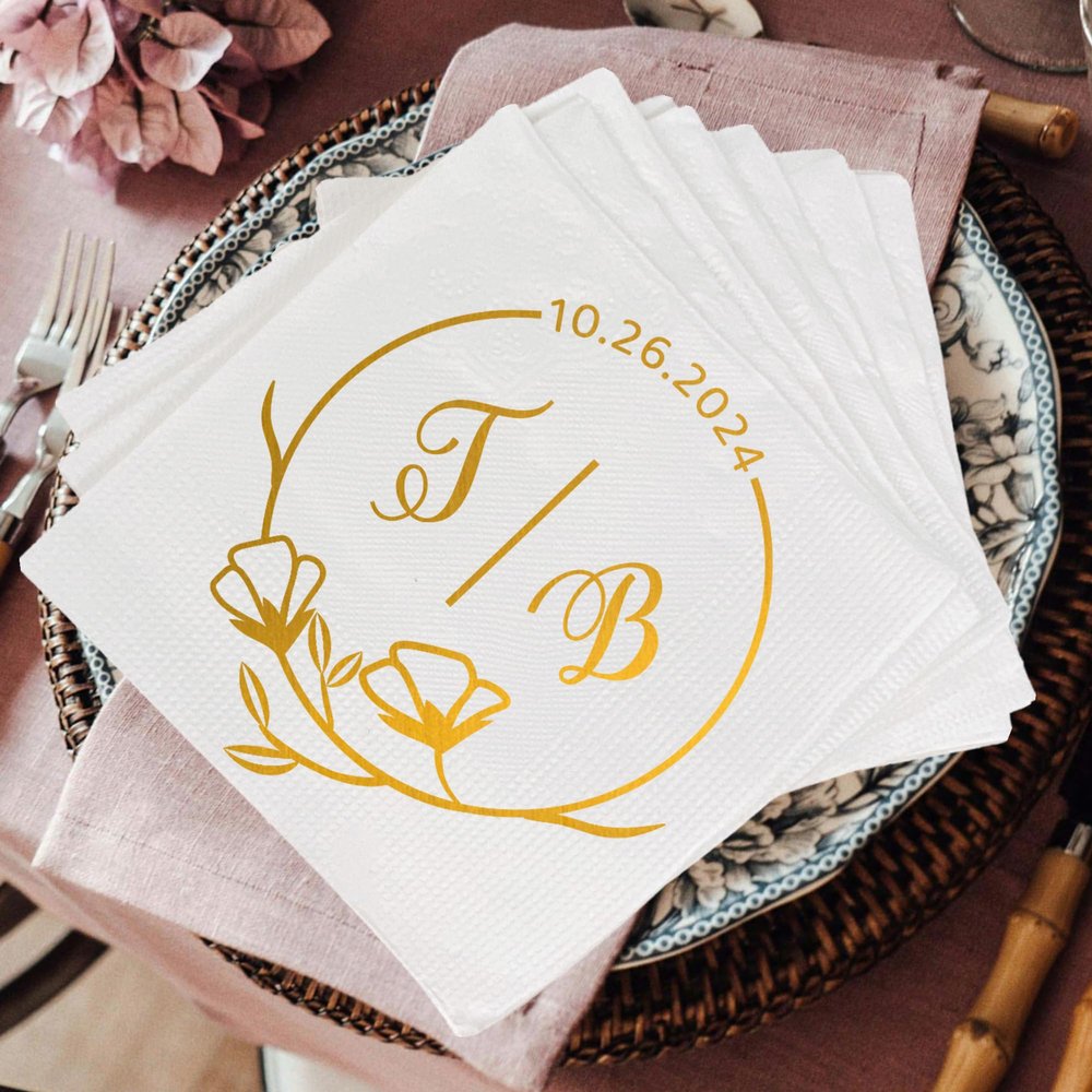 Luxury Custom Cocktail Napkins Wedding, Gold Napkins Wedding, Floral Wedding Napkins, Mr And Mrs Napkins For Wedding, Personalized Wedding Napkins, Beverage Luncheon Dinner, Custom Bar Napkins