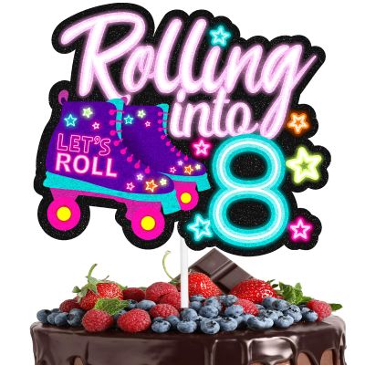 "Rolling into" cake topper roller skating theme 8th birthday happy roller skates decoration, boy and girl birthday party, club hip hop party, or disco party decoration, birthday gift for kids.LIANGSS