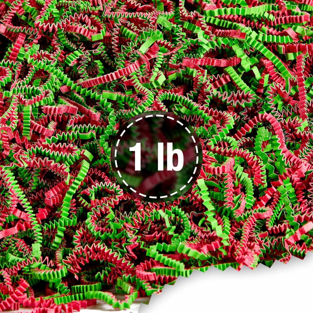 Frillz Crinkle Cut Paper Shred Filler for Baskets, Gifts, Packing and Protecting your Christmas, Holiday and other events (1 pound, Red and Lime Green)