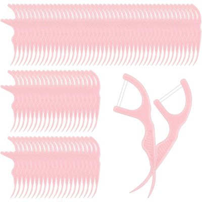 Baderke 100 Count Dual Line Floss Picks Dental Floss Sticks Bulk Non Breakable Toothpicks Double String Tooth Picks Flossers for Adults Teeth Cleaning Family Travel(Pink)