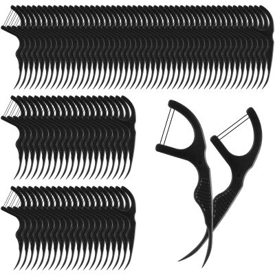 Baderke 100 Count Dual Line Floss Picks Dental Floss Sticks Bulk Non Breakable Toothpicks Double String Tooth Picks Flossers for Adults Teeth Cleaning Family Travel(Black)