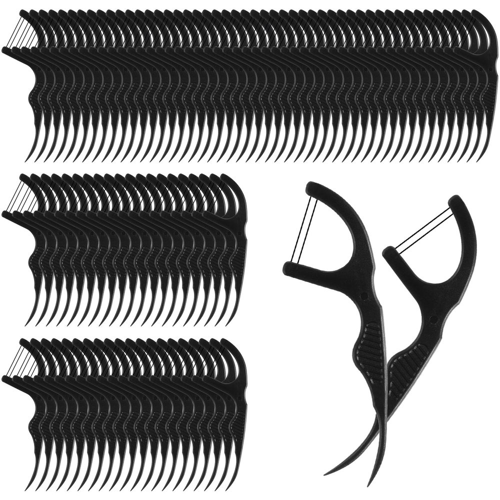Baderke 100 Count Dual Line Floss Picks Dental Floss Sticks Bulk Non Breakable Toothpicks Double String Tooth Picks Flossers for Adults Teeth Cleaning Family Travel(Black)