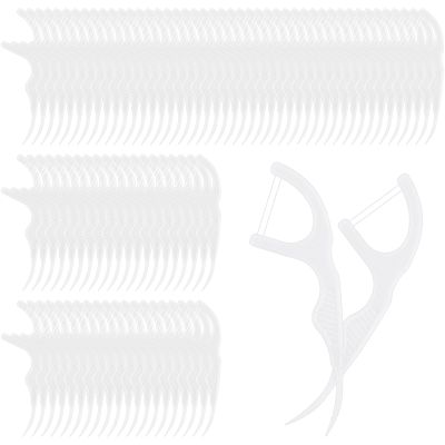 Baderke 100 Count Dual Line Floss Picks Dental Floss Sticks Bulk Non Breakable Toothpicks Double String Tooth Picks Flossers for Adults Teeth Cleaning Family Travel(White)