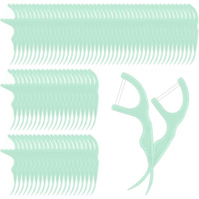 Baderke 100 Count Dual Line Floss Picks Dental Floss Sticks Bulk Non Breakable Toothpicks Double String Tooth Picks Flossers for Adults Teeth Cleaning Family Travel(Light Green)