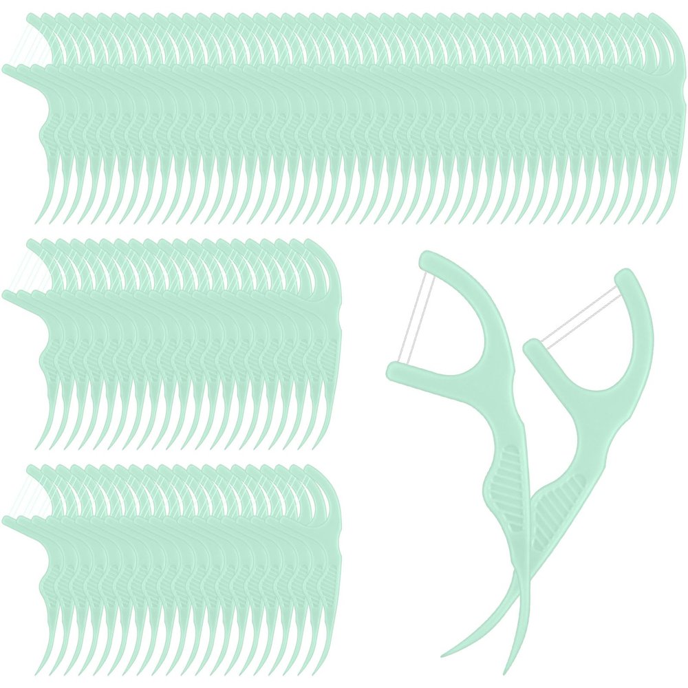 Baderke 100 Count Dual Line Floss Picks Dental Floss Sticks Bulk Non Breakable Toothpicks Double String Tooth Picks Flossers for Adults Teeth Cleaning Family Travel(Light Green)