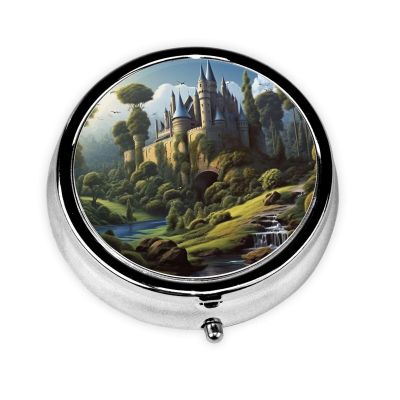 Pill Box Woods and Castle Round Pill Case Mini Metal Travel Pillbox for Purse Small Cute 3 Compartment Medicine Pill Organizer Portable Pill Container Holder for Daily Medicine Vitamin