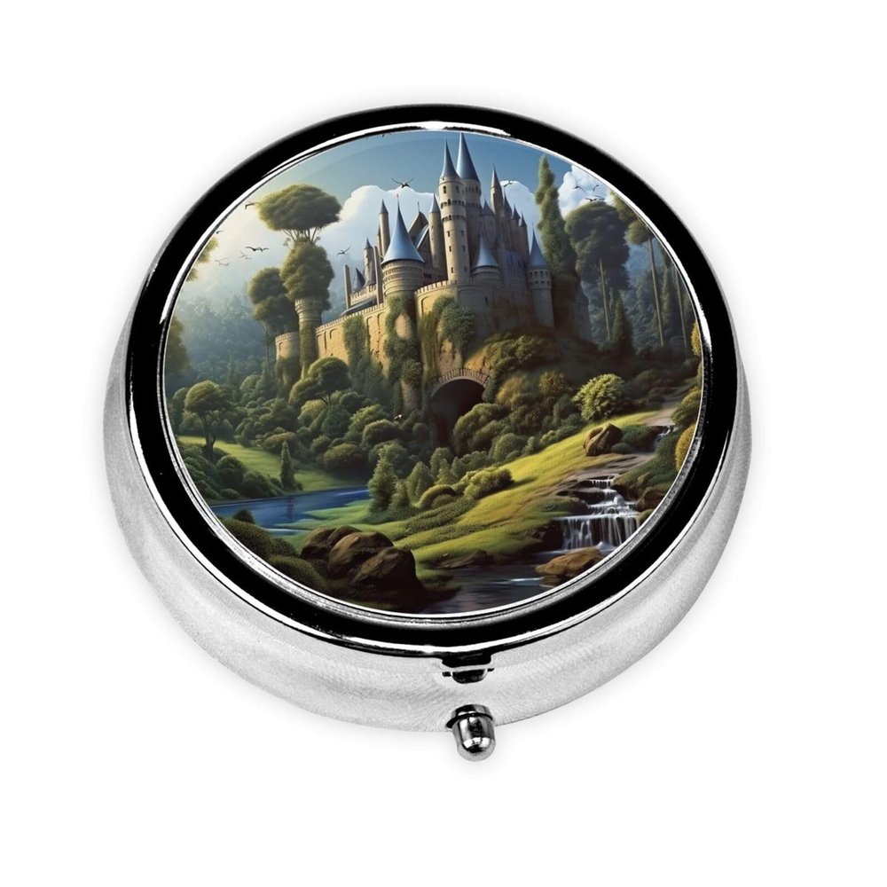Pill Box Woods and Castle Round Pill Case Mini Metal Travel Pillbox for Purse Small Cute 3 Compartment Medicine Pill Organizer Portable Pill Container Holder for Daily Medicine Vitamin