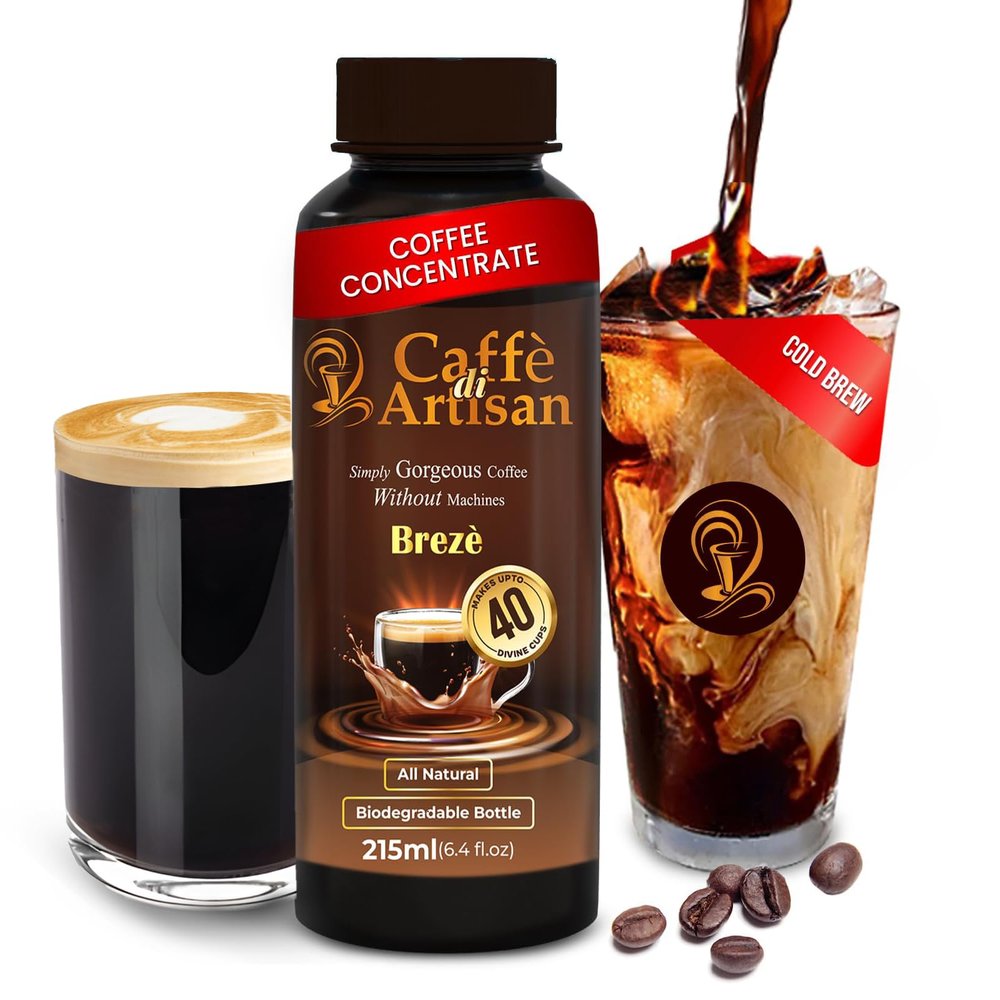 Caff di Artisan Liquid Coffee Concentrate Bottle, 215 ml  Makes 40 Cups | Premium Instant Iced Coffee | Brez | Eco-Friendly, Biodegradable Bottle