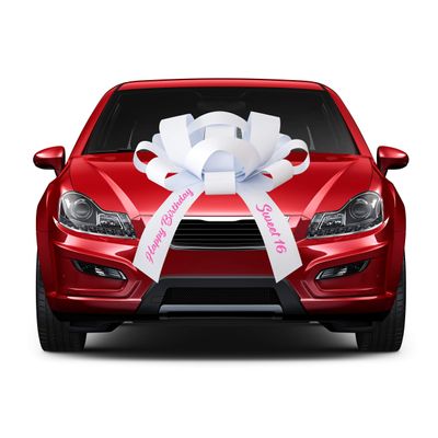 Large 30-Inch 3D Decorative Bow for Cars, Gifts, and Events - Magnetic Base with Car-Safe Sticker - 11 Colors with Custom Messages - No Assembly Required (White Sweet 16 Pink Font)